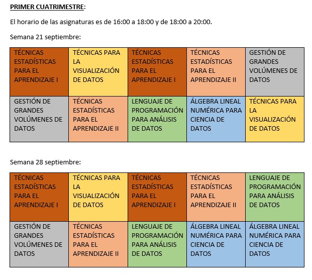 Horarios curso académico 2026-2027 Máster Universitario en Estadística Computacional